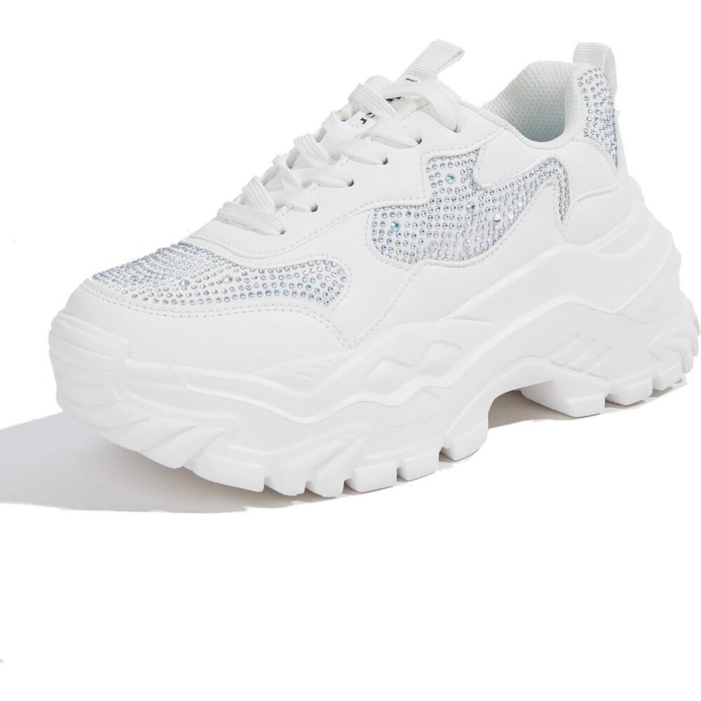 Women White Rhinestone Casual Tennis Lace Up Chunky Sneakers Shoes - Picture 1 of 7